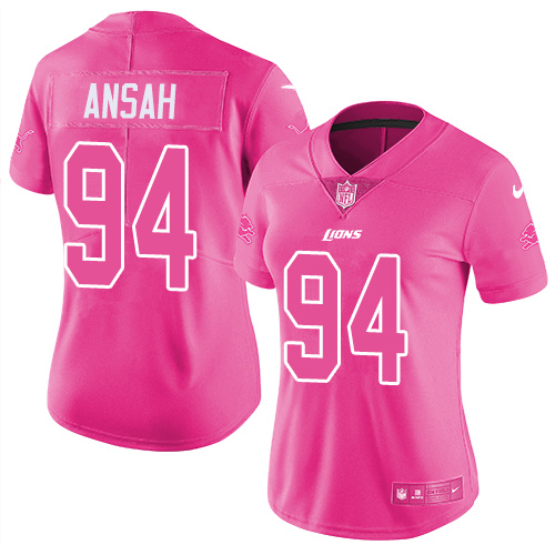 Nike Lions #94 Ziggy Ansah Pink Women's Stitched NFL Limited Rush Fashion Jersey